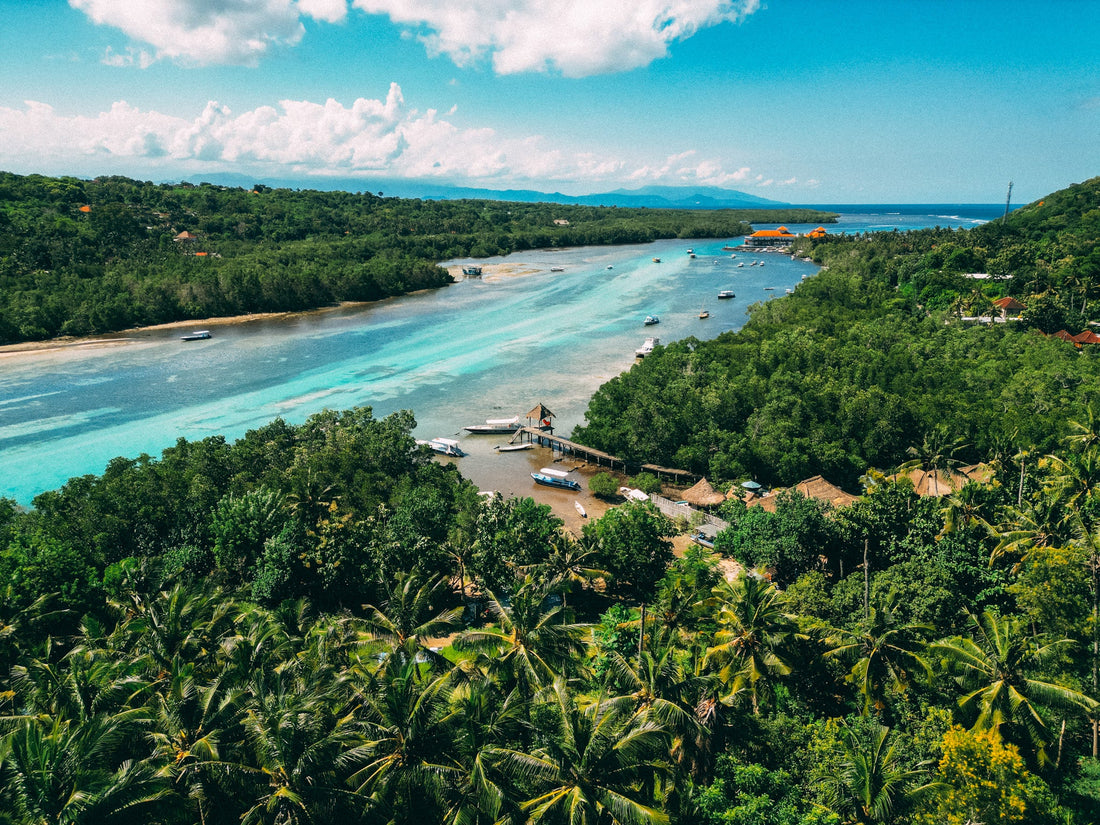 Drone aerial view of Nusa Ceningan with lush palm trees and vibrant blue waters